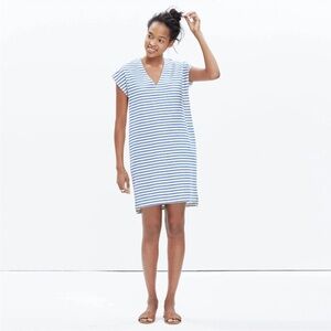 Madewell Vacances blue & white striped cotton v neck dress large
